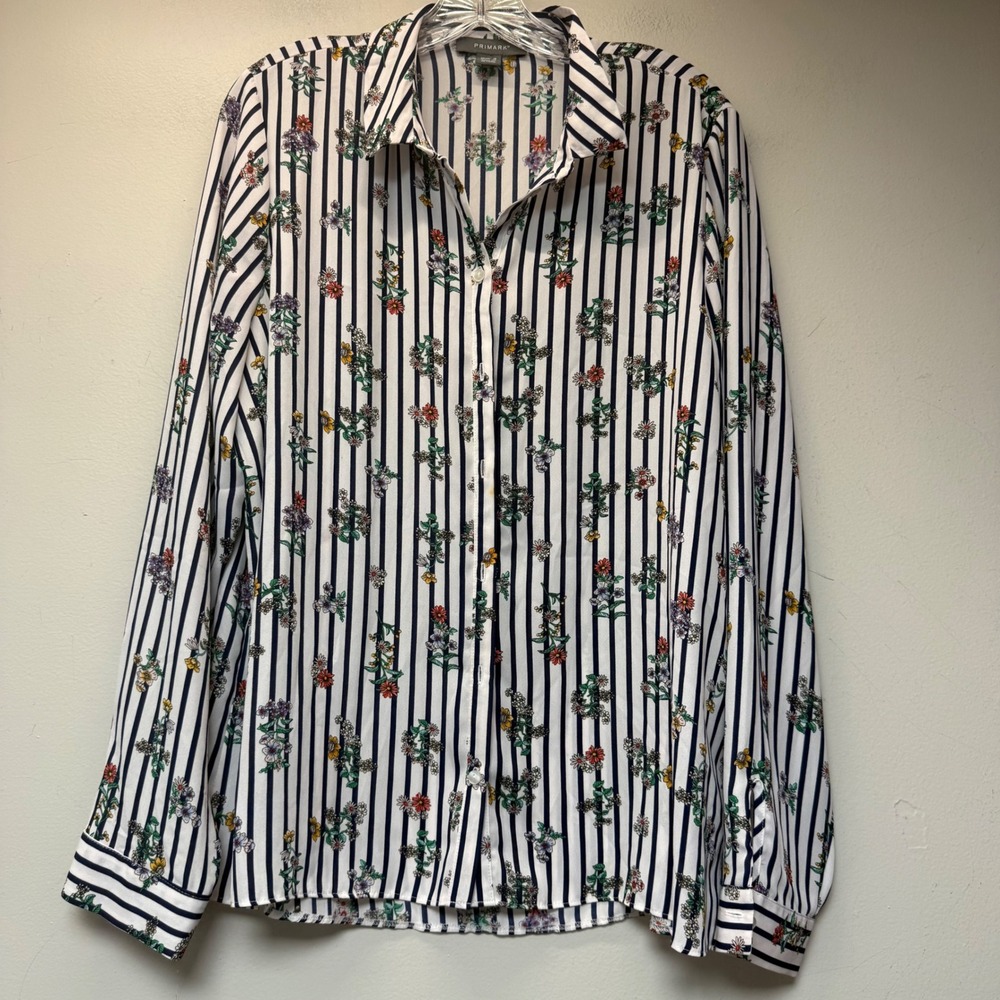 Primark Blouse Womens 14 White Navy Floral Stripe Excellent Button Down Shirt